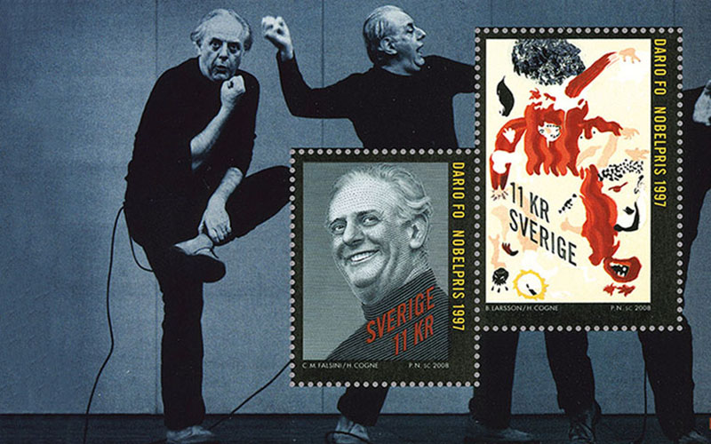 [Il francobollo che le Poste Svedesi hanno dedicato al premio Nobel Dario Fo. E' stato creato con le foto di Corrado Maria Falsini degli spettacoli di Mistero Buffo. Ricevimento al Postmuseum di Stoccolma novembre 2008